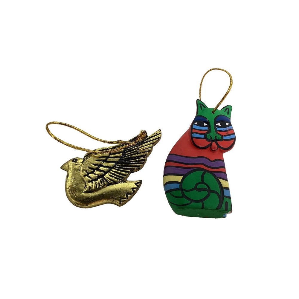(2) Laurel Burch Wood Christmas Ornament  Colorful Cat And Gold Dove 1992